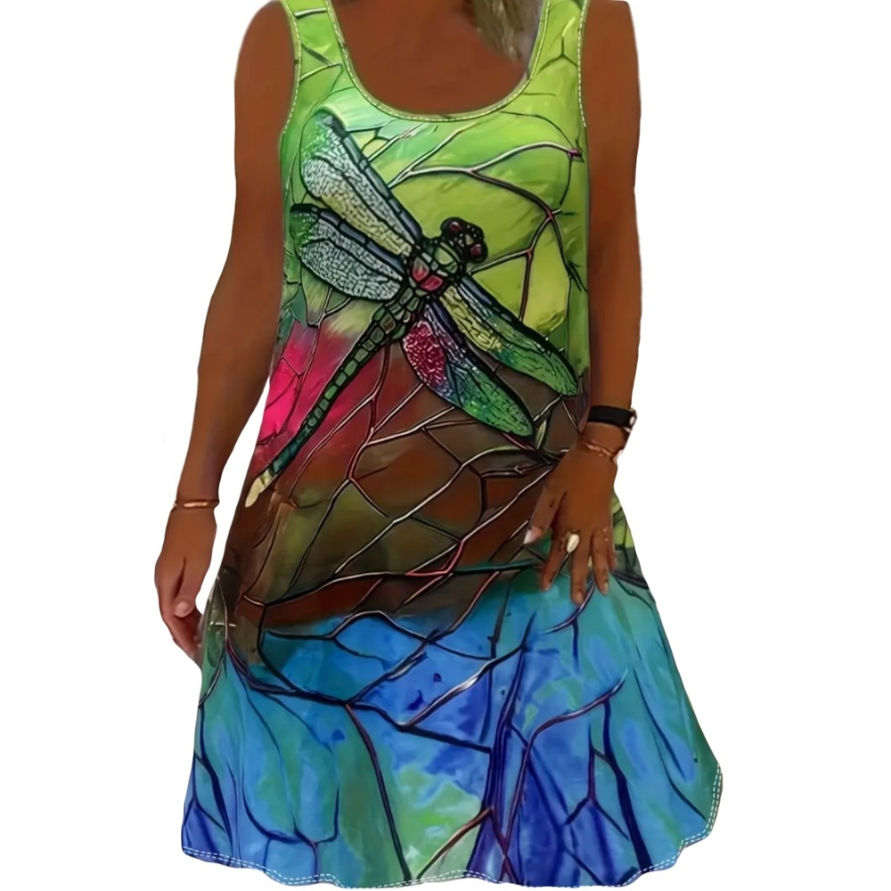 Plus Size Dragonfly Sleeveless Tank Dress (2XL), Green